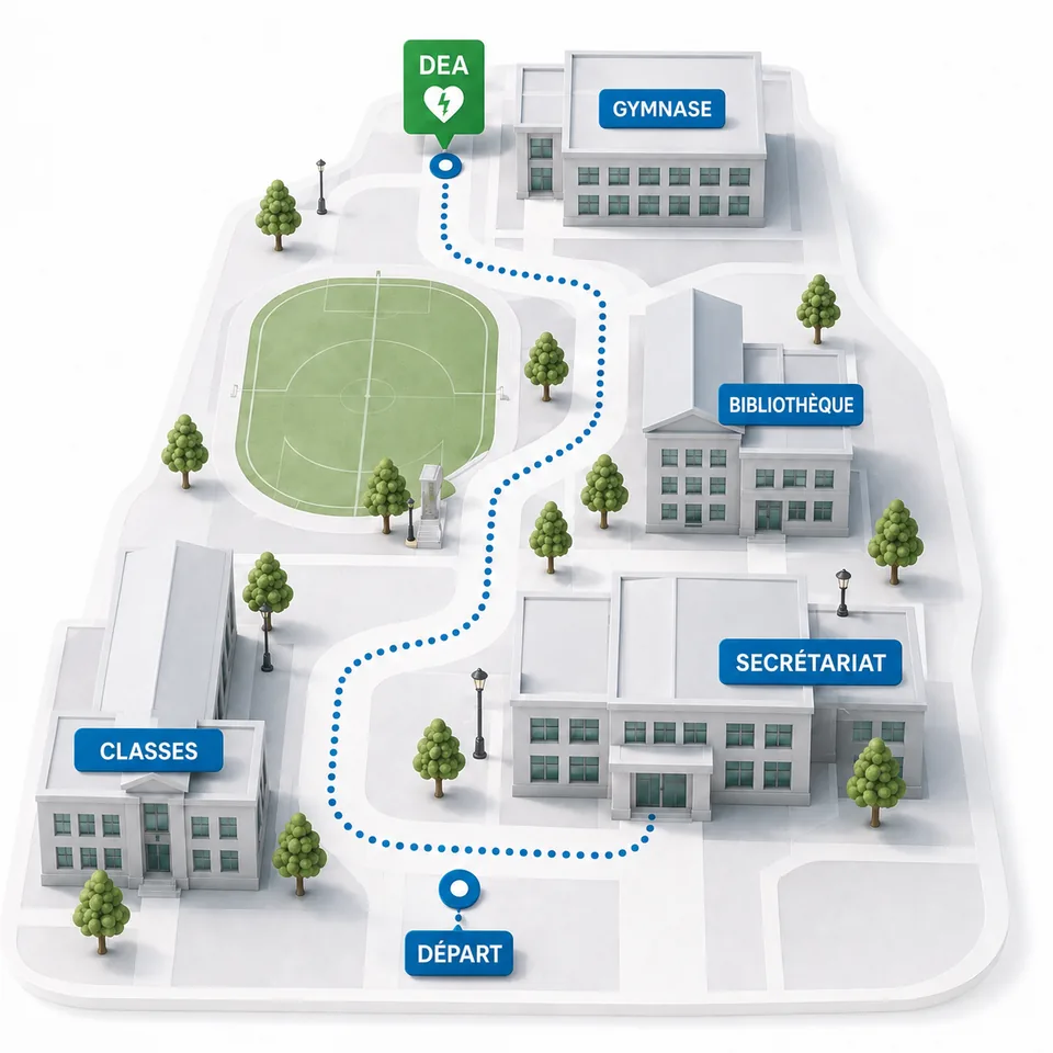 Campus scolaire fictif avec un parcours vers le DEA au gymnase.