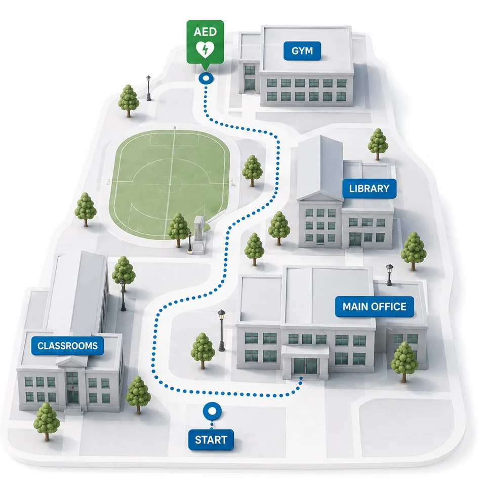 A fictional school campus with a route to the AED at the gym.